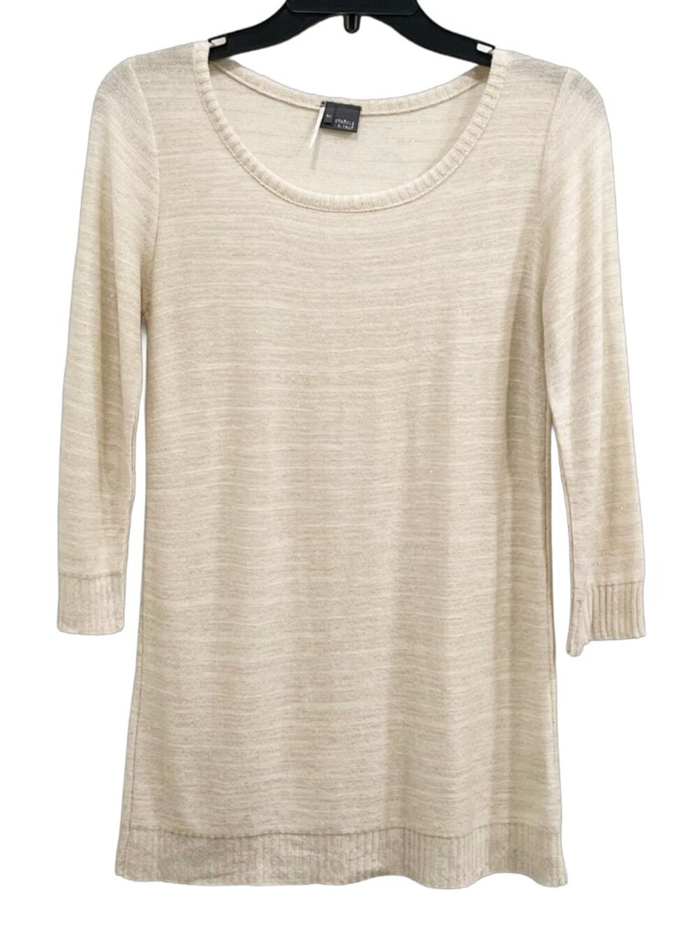Cream Metallic Gold Thread Scoop Neck Sweater 3/4 Sleeve Sparkle & Fade Size M